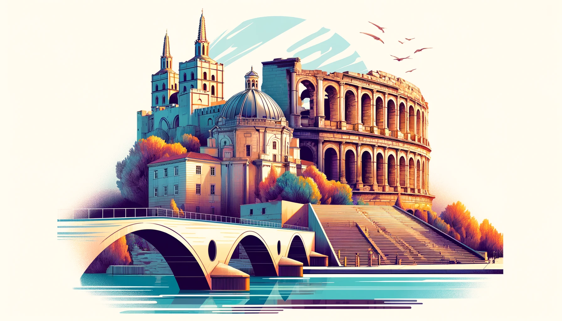 DALL·E 2024-06-07 13.38.59 - A contemporary illustration combining three iconic landmarks_ the Pont d'Avignon, the Palais des Papes, and the ancient theatre of Orange. The image s.webp