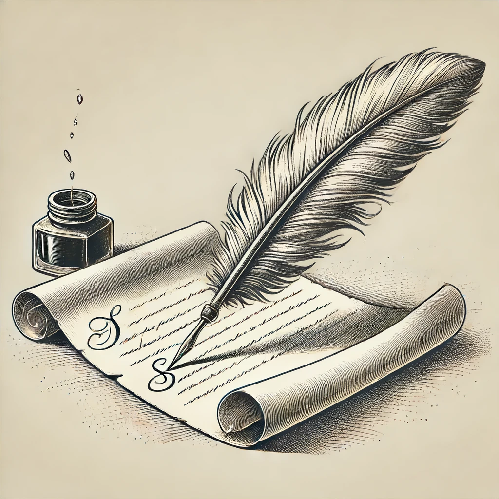 DALL·E 2024-06-14 15.12.39 - A detailed illustration of a quill writing on a parchment. The quill is elegant, with intricate feather details, and the ink flows smoothly onto the p.webp