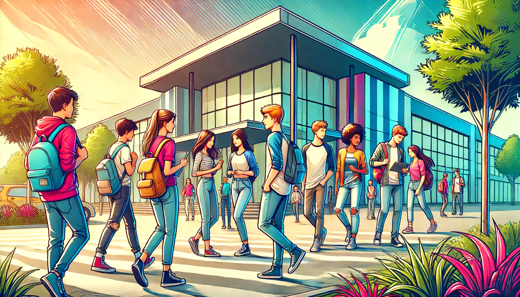DALL·E 2024-06-17 16.12.21 - A vibrant illustration of teenage students starting their new school year. The scene shows a group of diverse adolescents, dressed in casual modern at.webp