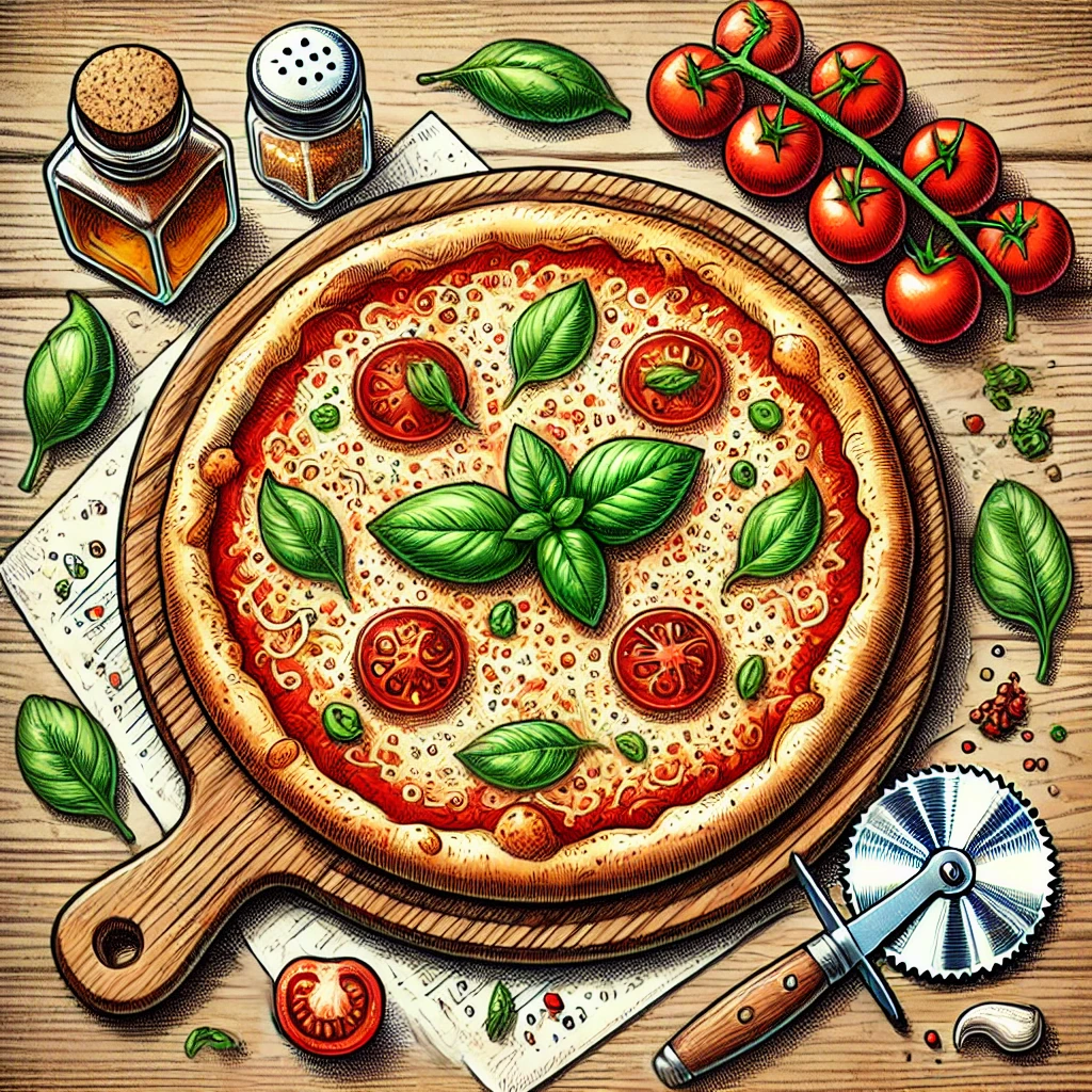 DALL·E 2024-06-19 08.01.50 - A hand-drawn illustration of a Margherita pizza on a wooden table. The pizza has a thin crust, topped with tomato sauce, melted cheese, and fresh basi.webp